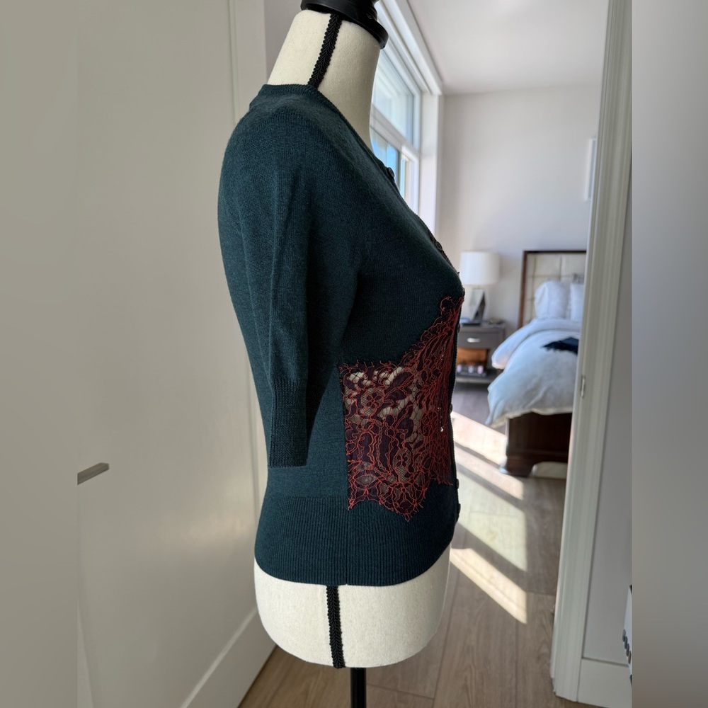 Carven Wool Cardigan Lace Panel Green Short Sleeve S - Picture 4 of 12